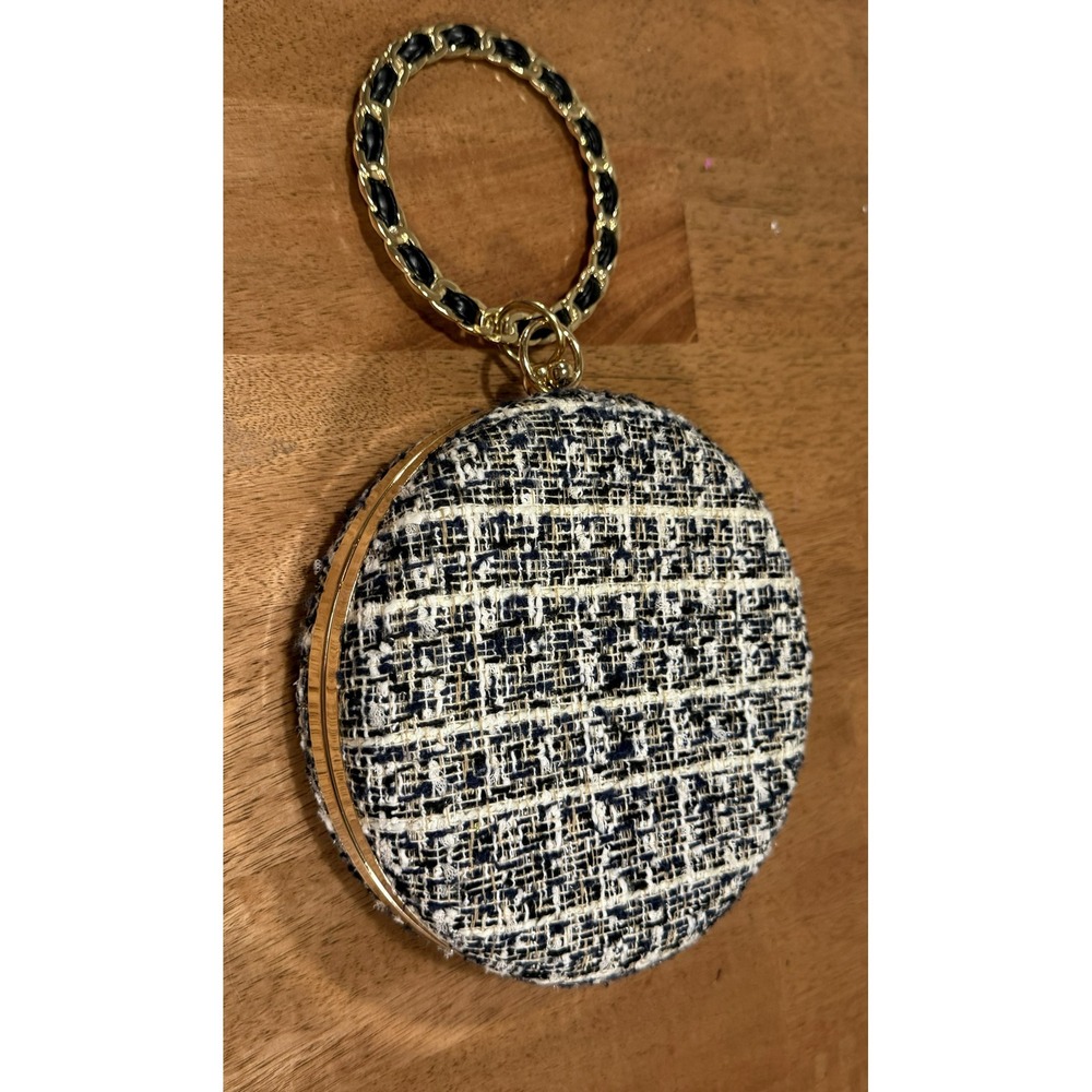 Navy & Cream Round Tweed Hard Case Minaudière Clutch with Ring Handle